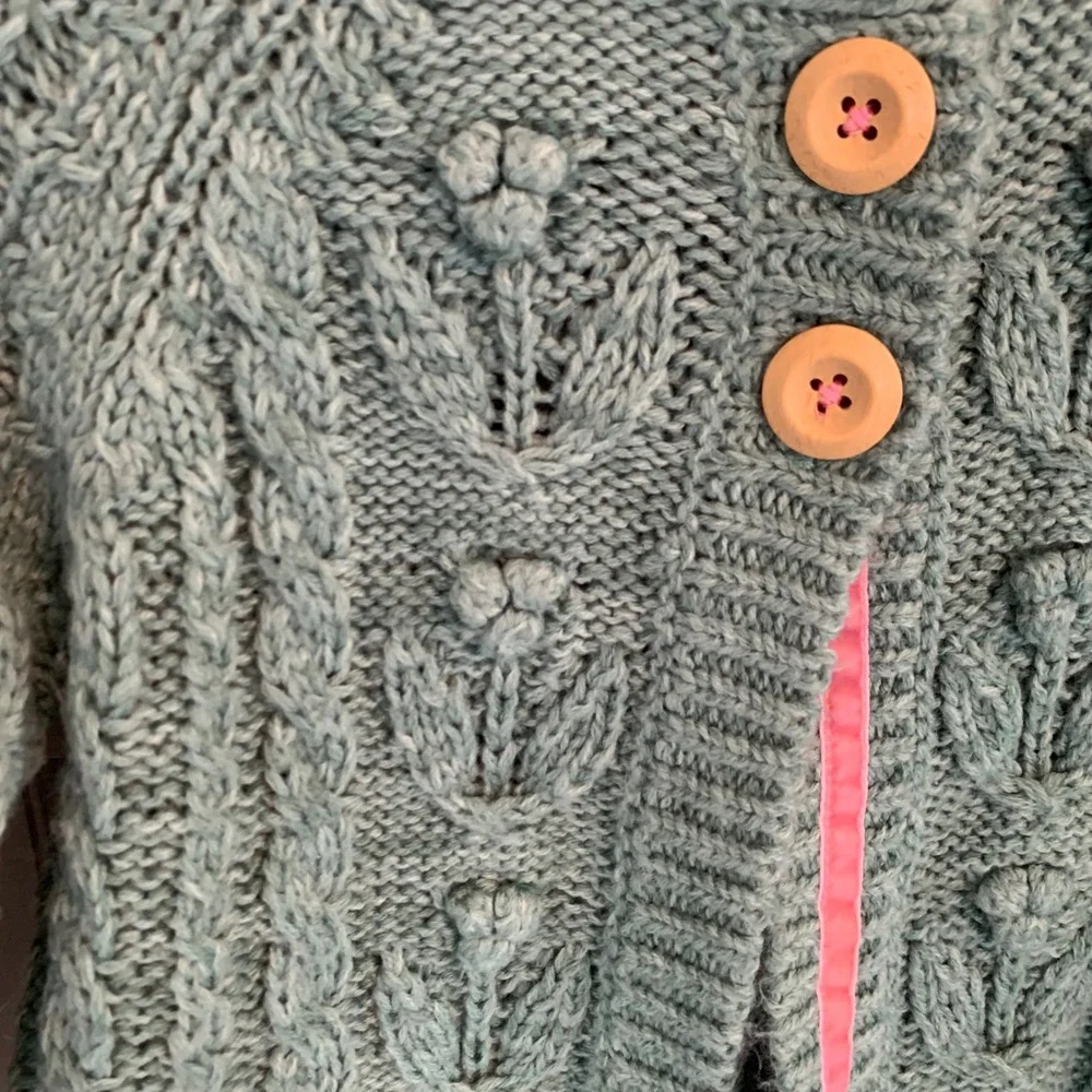 Mini Boden Kids Cardigan Sweater Chunky Green Cable Knit Floral Bobble Girl 3-4Y
